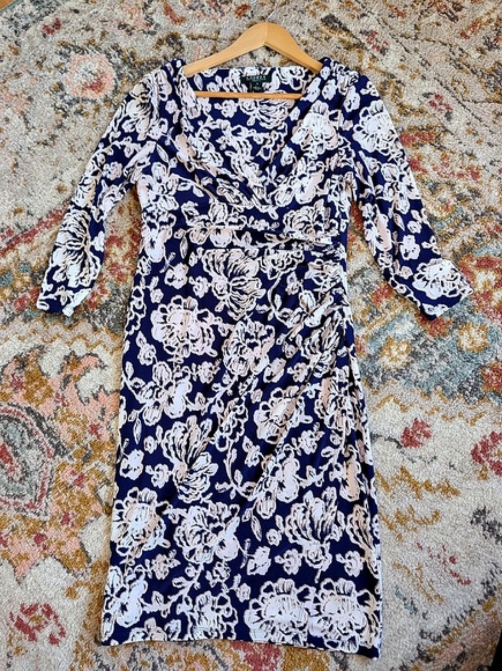 Lauren Ralph Lauren Women's S Vintage Wrap Floral Dress Blue White V Neck
